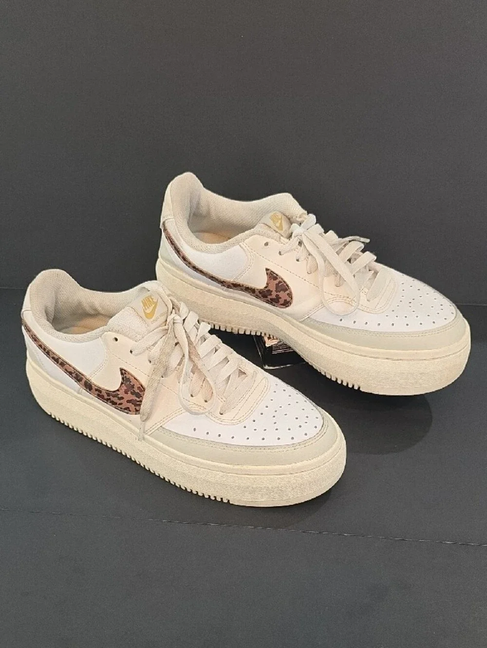 Nike Court Vision Alta Women’s Cream Sneakers with Leopard Swoosh Size 11